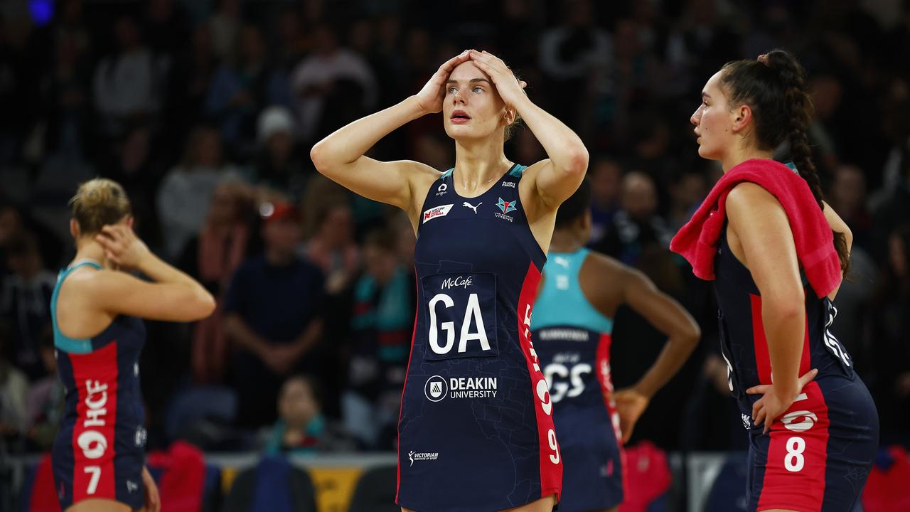 MELBOURNE, AUSTRALIA - JUNE 18: Kiera Austin of the Vixens (C) and Rahni Samason of the Vixens look dejected after the Super Netball Semi Final match between Melbourne Vixens and West Coast Fever at John Cain Arena, on June 18, 2022, in Melbourne, Australia. (Photo by Daniel Pockett/Getty Images)