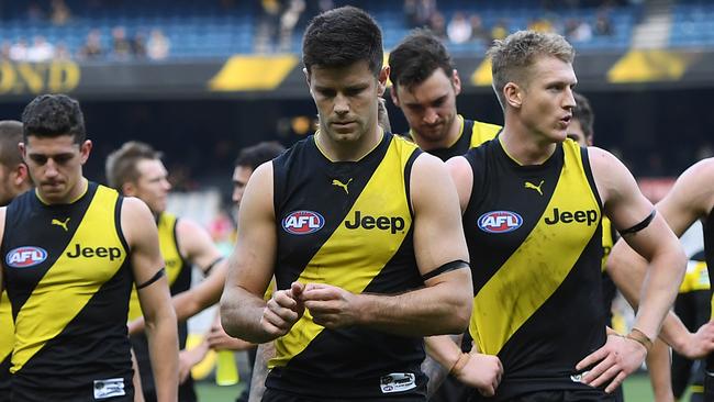 Trent Cotchin and the Tigers (centre) after their round 8 loss to Fremantle. Picture: AAP