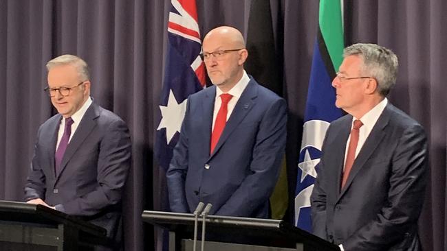 Prime Minister Anthony Albanese, ASIO head Mike Burgess and Attorney-General Mark Dreyfus announced the raising of the terror threat level. Picture: Joseph Olbrycht-Palmer?NewsWire