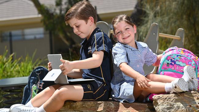 Hugh, 8, will be learning from home while his sister, Harper, 5, starts reception at Keithcote Farm Primary. Picture: Keryn Stevens