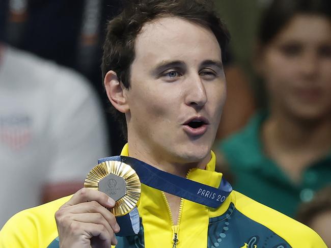 NCA. PARIS FRANCE. 2024 OLYMPIC GAMES. August 2 2024 -   Swimming.  Mens 50 mtr Freestyle final.     Australian  Cam McEvoy on the podium with his gold medal after winning the 50 mtr freestyle     . Pic: Michael Klein