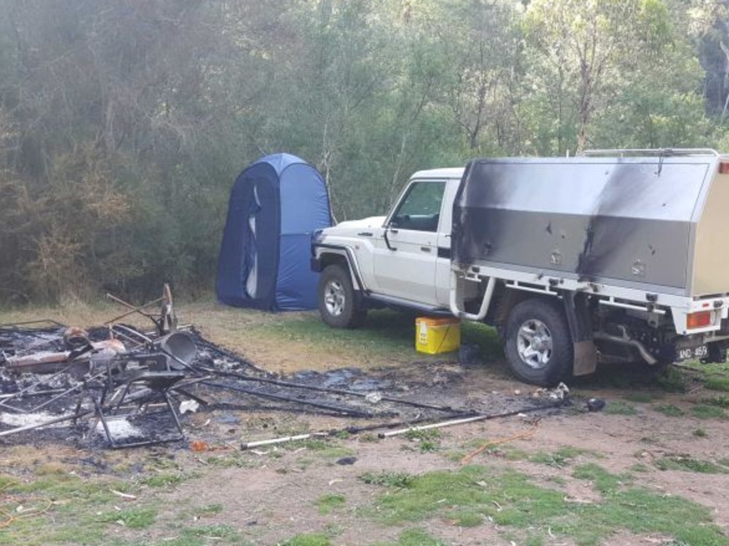 Campers found Mr Hill’s vehicle with signs of minor fire damage at their campsite, which was completely destroyed by fire on March 21. Picture: ABC