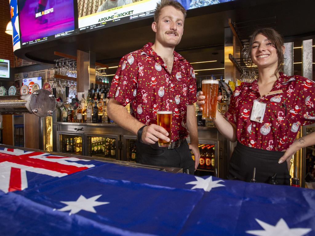 Sam Bruer and Sportys Bar supervisor Julia Harris will be ready to celebrate Australia Day at the Arkaba Hotel. Picture: Brett Hartwig