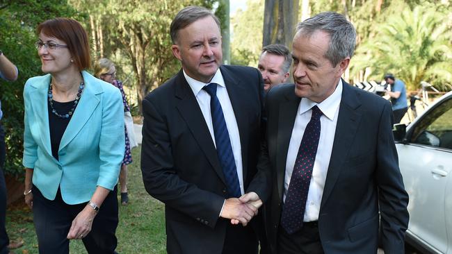 Shadow Minister for Transport &amp; Infrastructure Anthony Albanese, shakes hands with Opposition Leader Bill Shorten after addressing the media at Emu Plains in western Sydney last Thursday