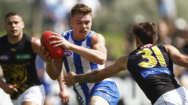 Cameron Zurhaar featured through the midfield against the Tigers. Picture: Daniel Pockett/AFL Photos/Getty Images