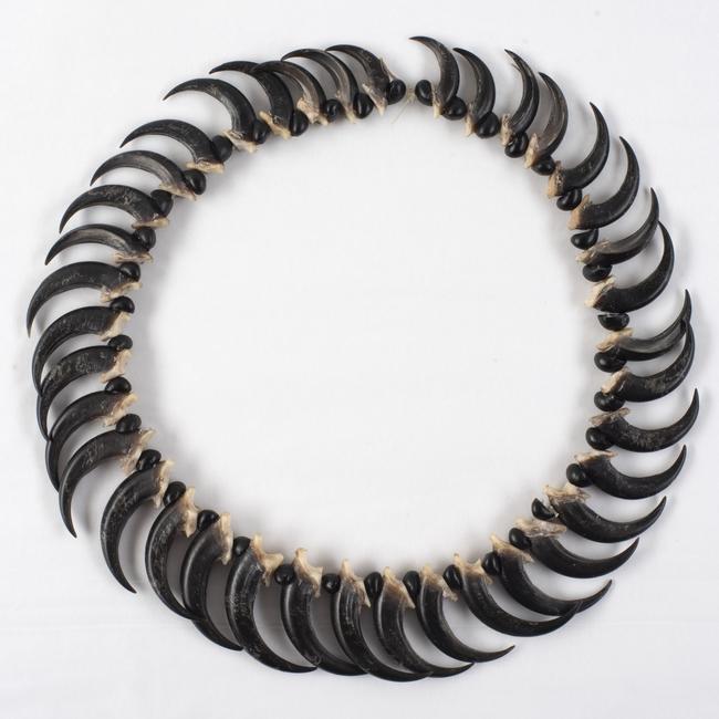 A palawa necklace made by Jeanette James from wedge-tail eagle claws with black crow on kangaroo sinew. The work is part of a new exhibition at Bett Gallery. Picture: Jack Bett