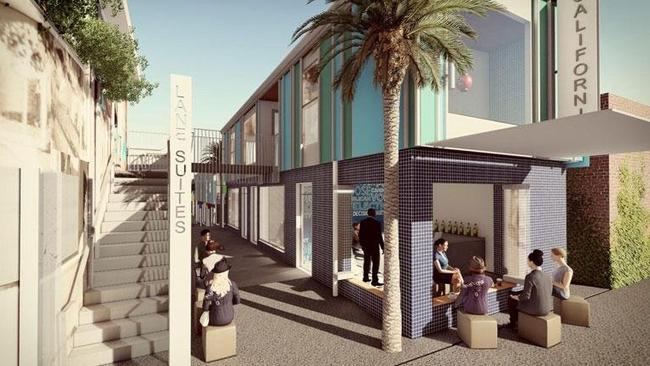 An artist’s impression of California Laneway in Fortitude Valley, which will have a 1960s West Coast vibe with bright colours and palm trees