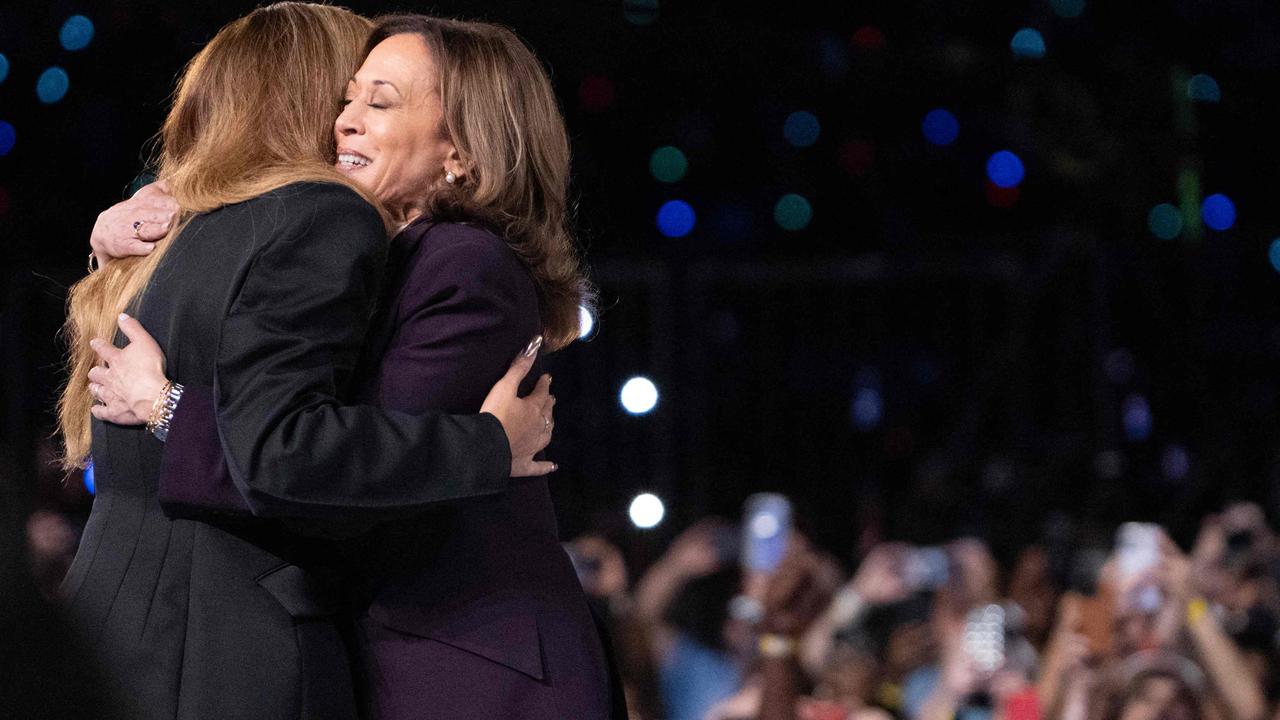 Kamala Harris embraces Beyonce, who is from Houston, on stage at her rally in Texas. Picture: Roberto Schmidt/AFP