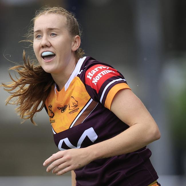 Tamika Upton celebrates a try during the round two NRLW match between the Newcastle Knights and the Brisbane Broncos at WIN Stadium, on March 06, 2022, in Wollongong, Australia. Picture: Mark Evans