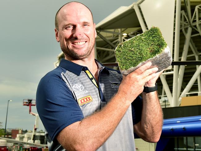 A helicopter delivered a square metre of turf from North Queensland Cowboys old stadium to their new home, Queensland Country Back Stadium. Paul Bowman. Picture: Alix Sweeney