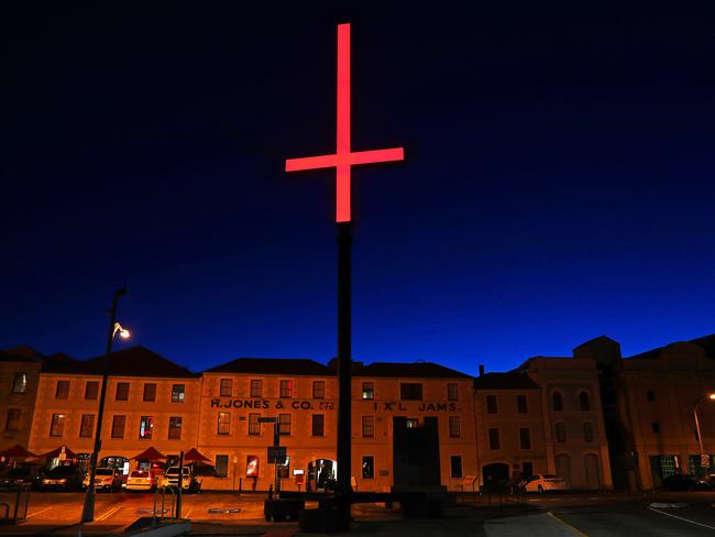 Dark Mofo’s inverted crosses on the Hobart waterfront.