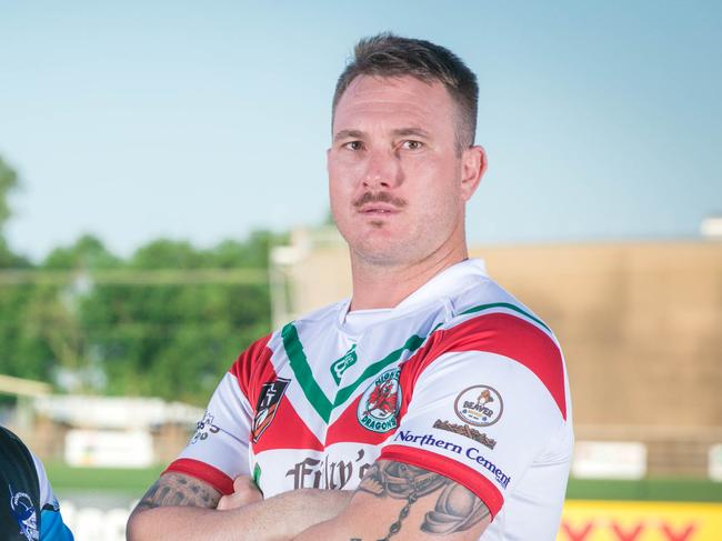 Sharks's Jacob Coli and Nightcliff's Brent Crisp ahead of round 1   at the 2021 NRL NT season launch at Territory Rugby League Stadium, Marrara.Picture Glenn Campbell