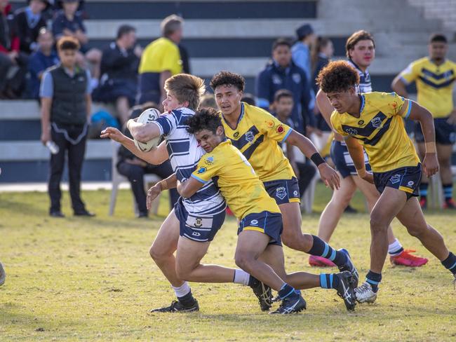 Harry Schwenke, St Mary's tackled by Ranil Shankar , Mabel Park. St Mary's College vs Mabel Park SHS. Langer Cup rugby league. Wednesday, June 16, 2021. Picture: Nev Madsen.