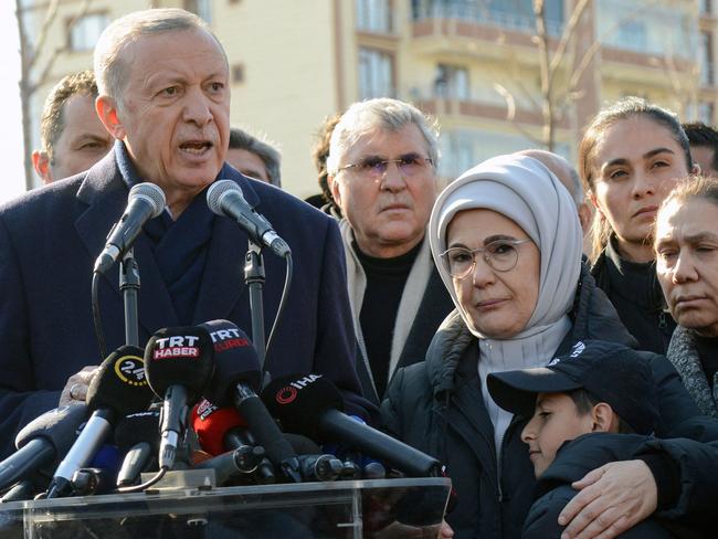 Turkish President Recep Tayyip Erdogan talks to the press as he visits the hard-hit southeastern Turkish city of Diyarbakir, five days after a 7.8 magnitude earthquake struck the border region of Turkey and Syria. Picture: AFP