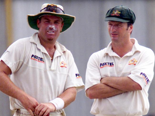 Cricketer Shane Warne with Steve Waugh.Cricket - Australia vs Sri Lanka first day of Second Test match at Galle International Stadium 22 Sep 1999. a/ct/Cricket/Australia/vs/Sri/Lanka