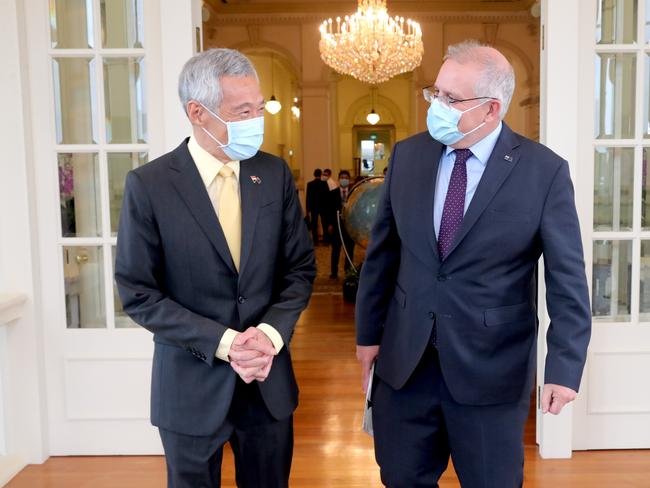 Prime Minister Scott Morrison arrives in Singapore for a one on one meeting with Singapore Prime Minister Lee Hsien Loong on the way over to the G7 in Cornwall, United Kingdom. Picture: Adam Taylor/PMO