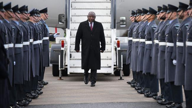 South Africa's President Cyril Ramaphosa arrives at Stansted airport in London on November 21, 2022. Picture: Daniel LEAL / AFP.