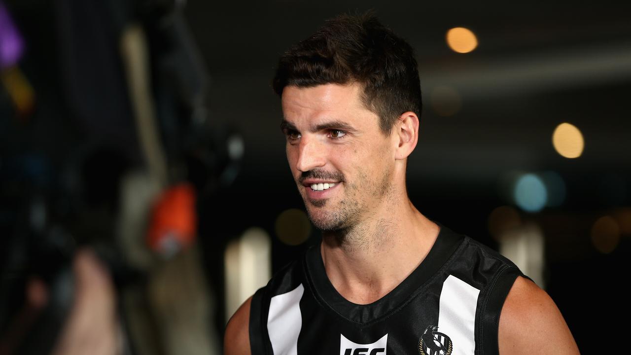 Scott Pendlebury of the Magpies speaks to media during an AFL Club Captains Interview Session at Marvel Stadium in Melbourne, Tuesday, March 10, 2020. (AAP Image/Rob Prezioso) NO ARCHIVING