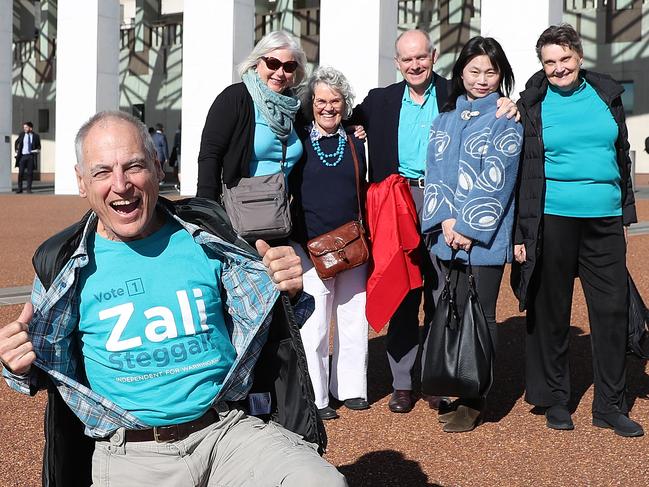 Zali Steggall supporters arrive at Parliament House in Canberra. Richard Bedard with Louise Gain, Heather Firth, Chris Chapman, Lisong Lu and Marion Wood. Picture Kym Smith