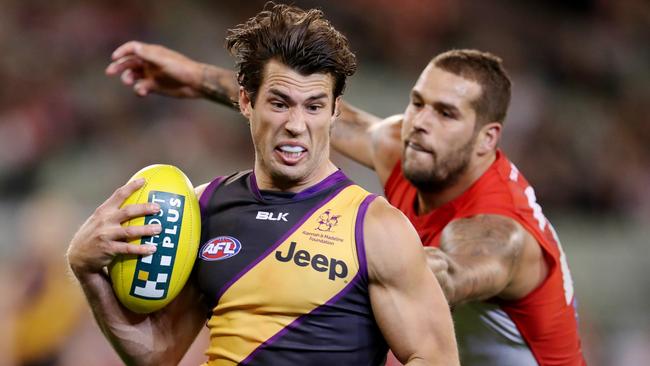 AFL Round 8. Richmond v Sydney Swans at the MCG. Alex Rance tries to shake the chasing Lance Franklin  . Pic: Michael Klein