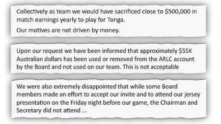 Extracts from the Tongan players’ letter.