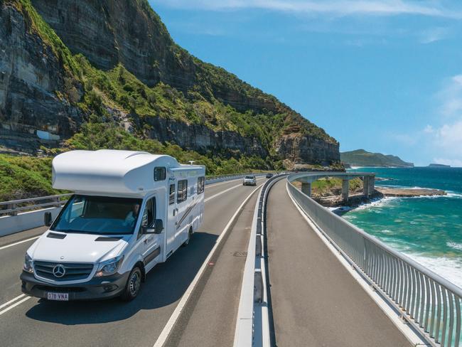 ESCAPE: Campervan taking the scenic route over Sea Cliff Bridge, Clifton, New South Wales. Picture: Dee Kramer Photography