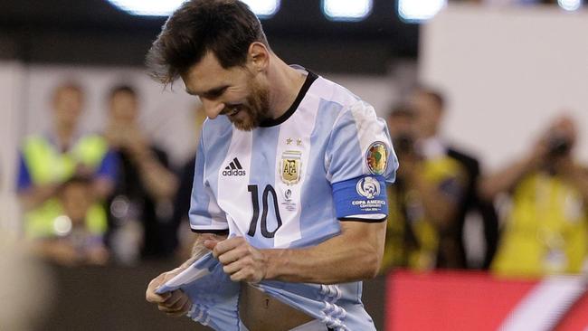 Argentina's Lionel Messi reacts after missing his penalty.