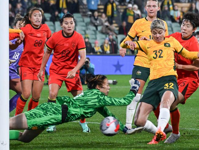 Australia's Michelle Heyman scores a goal deep in injury time. Picture: AFP