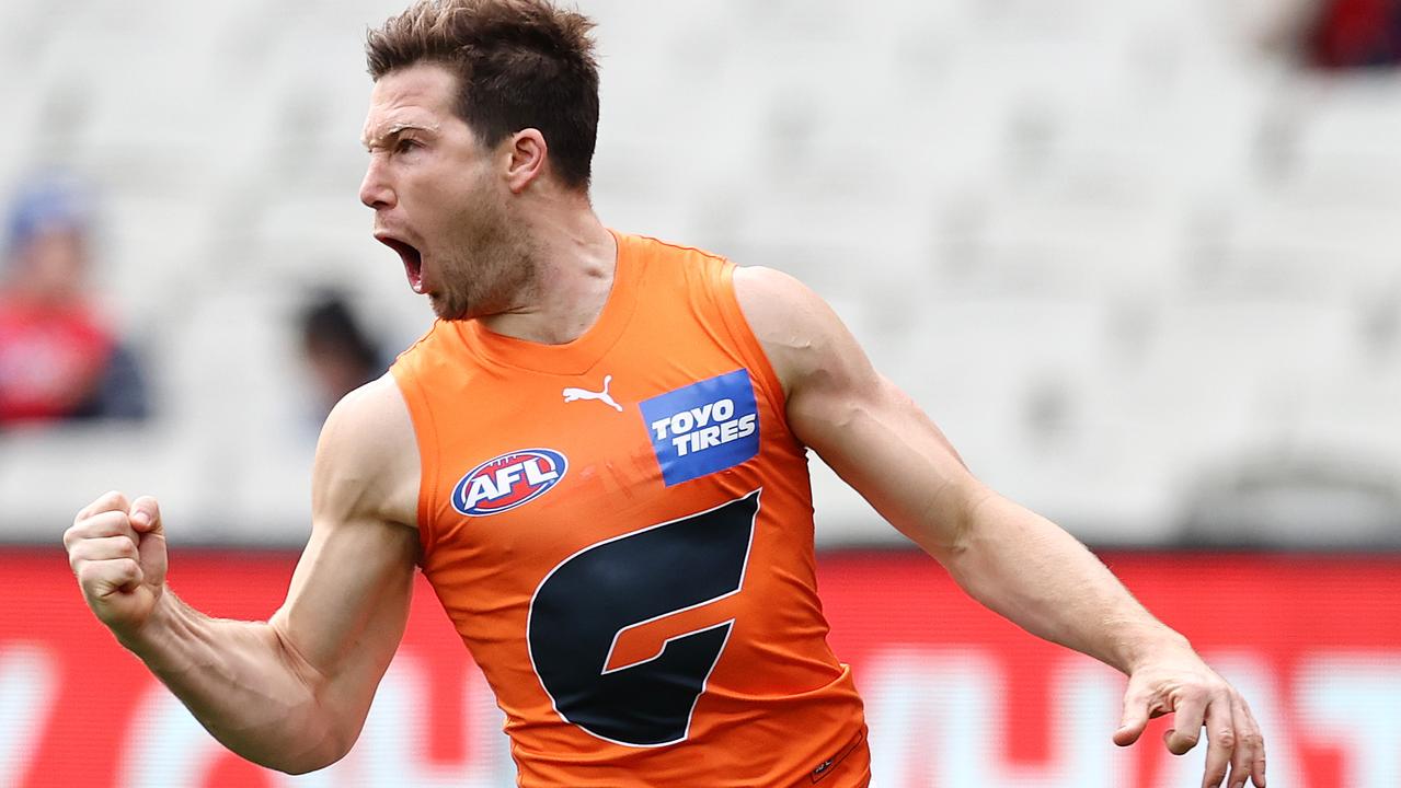 AFL Round 16. Melbourne vs GWS Giants at the MCG, Melbourne. 03/07/2021. Toby Greene of the Giants celebrates 1st qtr goal. Pic: Michael Klein