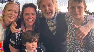 Belinda Dobson, Katie Sanderson, Sir Paul McCartney, Lennon Dobson and (front) McCartney Sanderson at McDonald Jones Stadium, Newcastle.