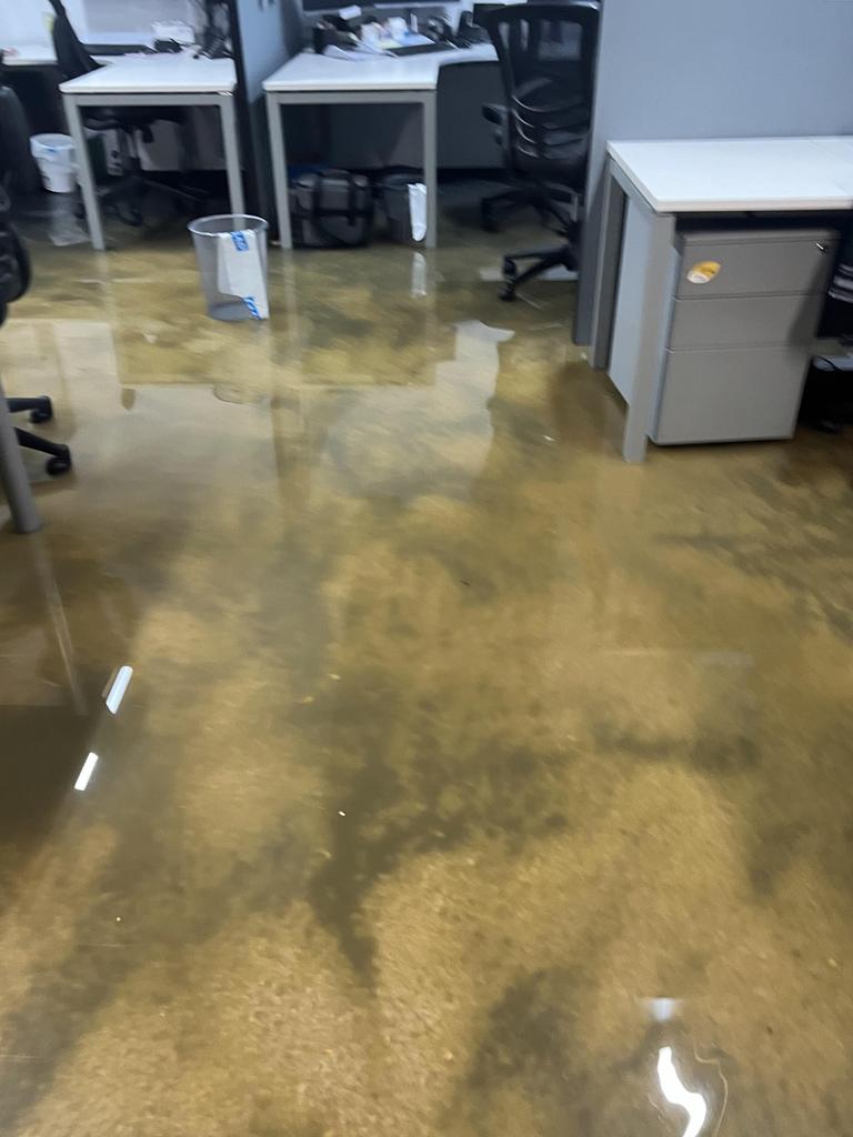 Melissa Belton's office that has been flooded with sewage after a blocked pipe caused flooding.