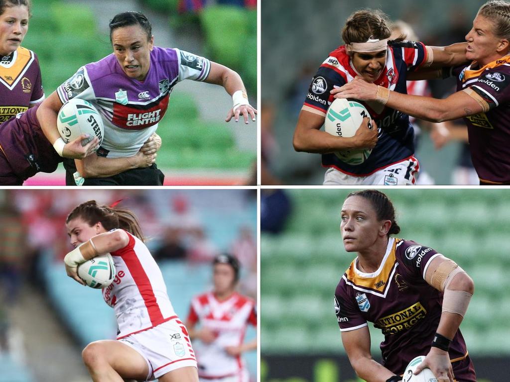 Julia Robinson of the Broncos (right) is tackled by Ruan Sims of the  Roosters during the NRL Women's Premiership match between the Sydney  Roosters and the Brisbane Broncos at Allianz Stadium in