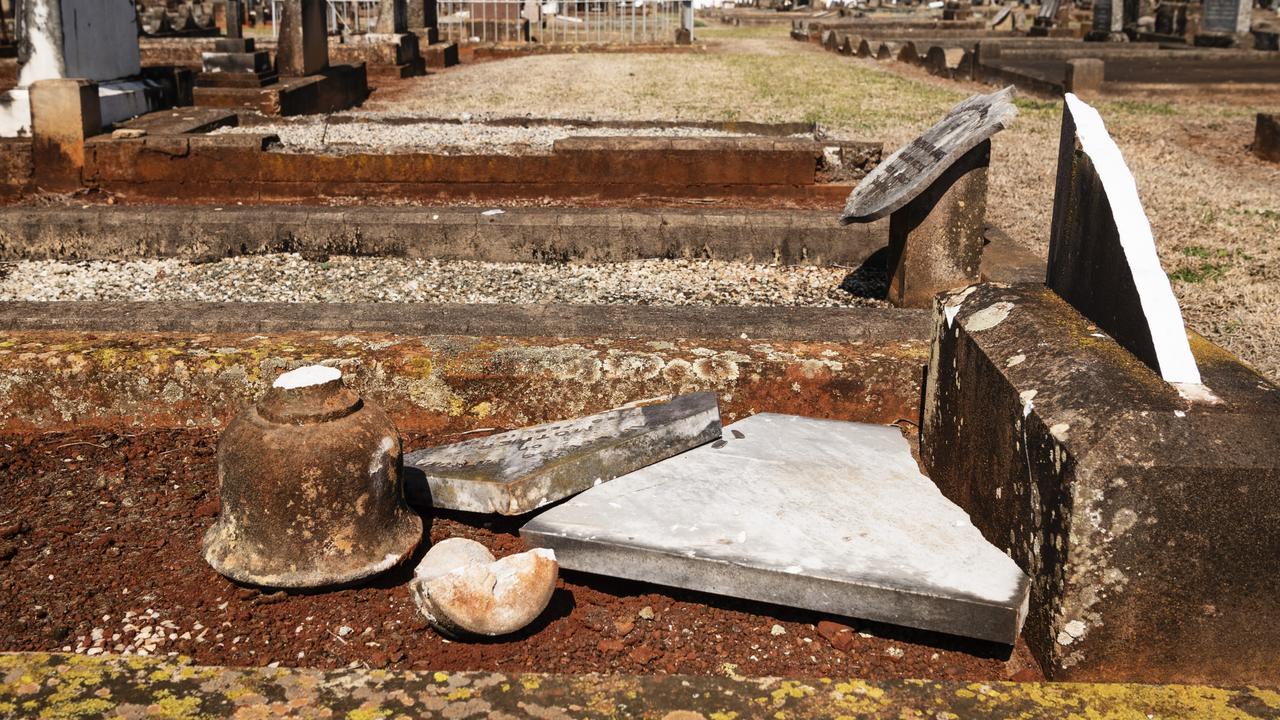 Vandals have damaged or destroyed more than 300 graves at Toowoomba's Drayton Cemetery, Sunday, August 11, 2024. Picture: Kevin Farmer