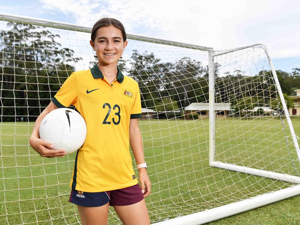 Matthew Flinders Anglican College student Rosie McMahon who recently represent the Junior Matildas football team and the junior Queensland cricket team. Picture: Patrick Woods.