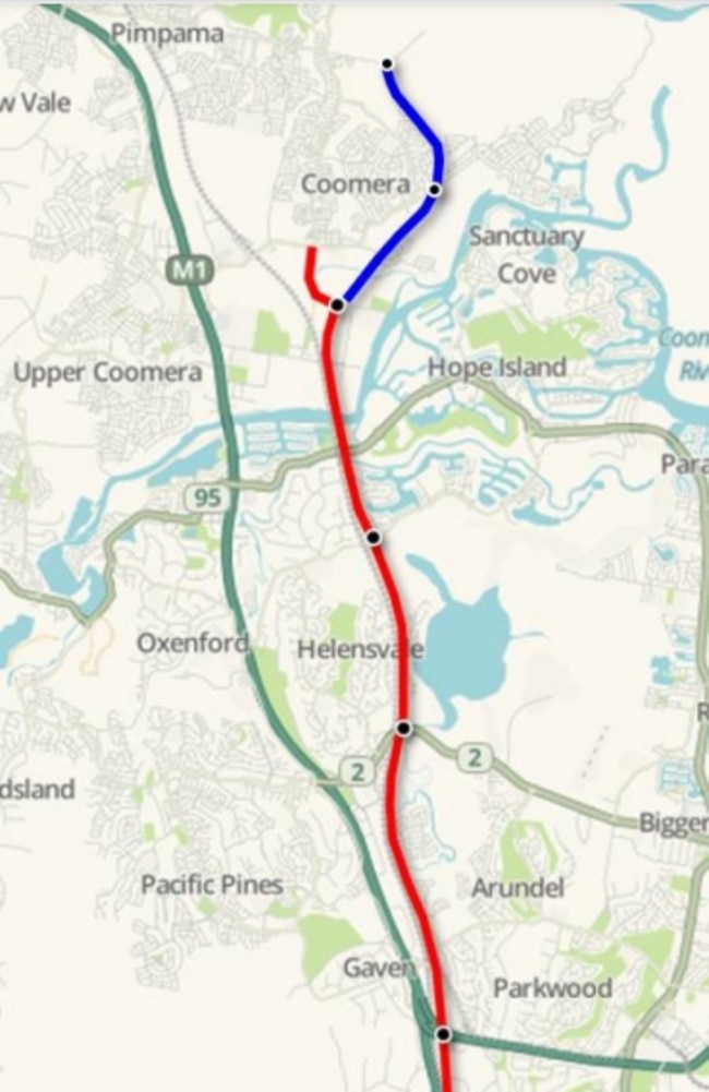 Latest mapping on Coomera Connector with the red line showing Stage One heading north, and the blue line the route of an extension to Yawalpah Rd in Pimpama.