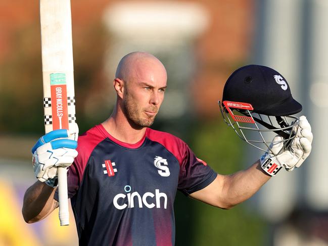 NORTHAMPTON, ENGLAND - JUNE 01:  Chris Lynn of Northamptonshire Steelbacks celebrates after scoring a century during the Vitality T20 Blast match between Northamptonshire Steelbacks and Leicestershire Foxes at The County Ground on June 01, 2022 in Northampton, England. (Photo by David Rogers/Getty Images)