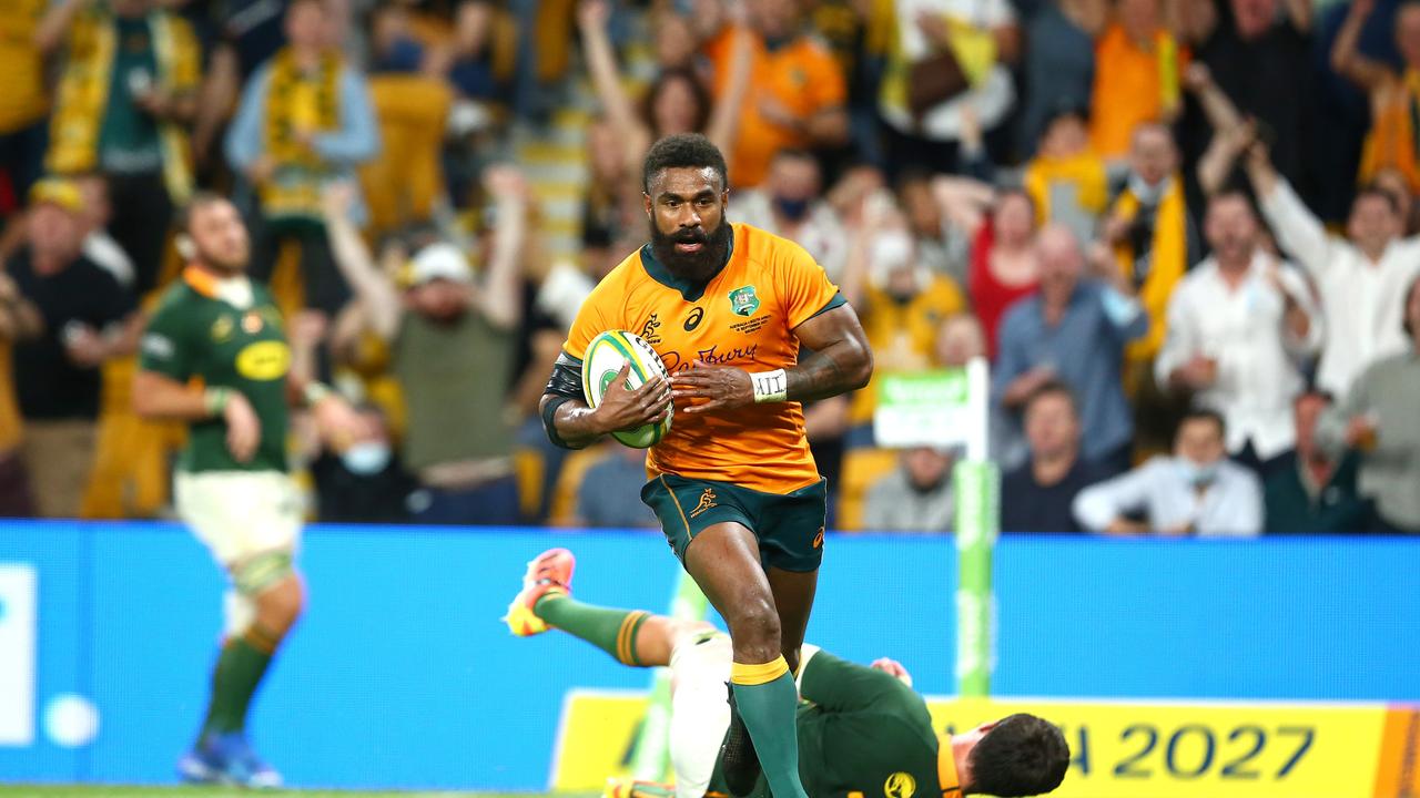 Marika Koroibete scores a try against South Africa.