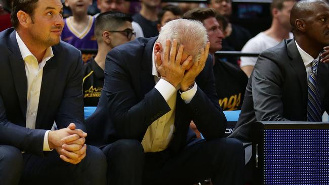 Sydney Kings coach Andrew Gaze shows his frustration during the Sydney Kings v Perth Wildcats NBL game at Qudos Banks Arena, Homebush. Picture: Brett Costello