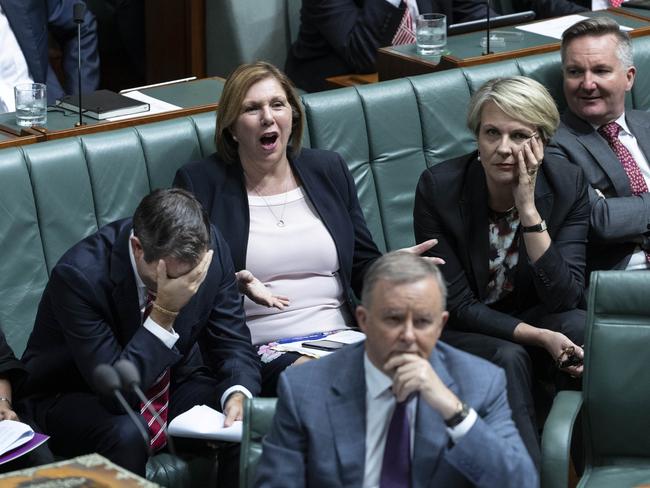 Leader of the Opposition Anthony Albanese with Jim Chalmers Catherine King and Tanya Plibersek react to the Prime Minister during Question Time in the House of Representatives in Parliament House in Canberra. Picture Gary Ramage