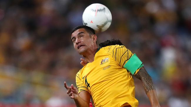 Tim Cahill goes up for a header against Lebanon on Tuesday night. Picture: Getty Images