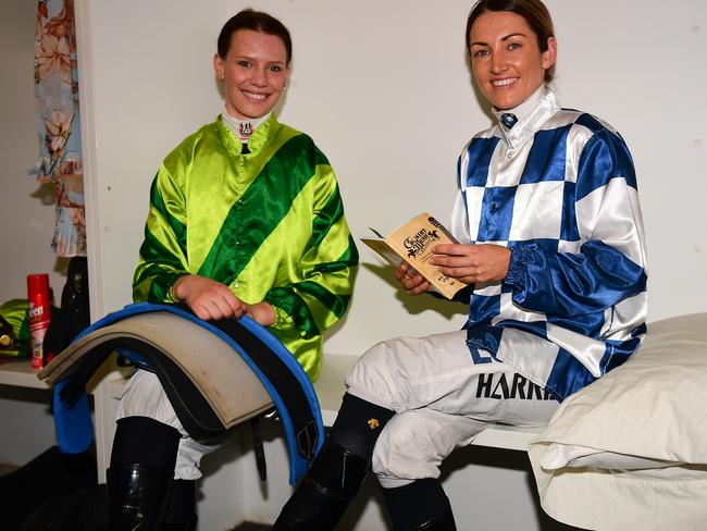 Apprentice Stephanie Thornton (left) with former champion apprentice Tegan Harrison at Doomben on Saturday. Photo: Grant Peters, Trackside Photography