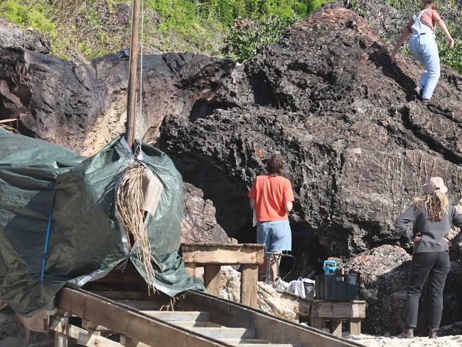 Props and staging being put into place on North Burleigh headland for weekend filming of "The Bluff". Spot the fake rock. Picture Glenn Hampson