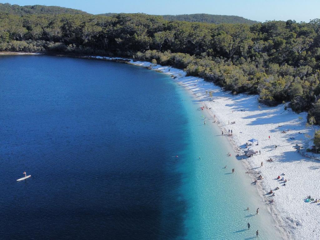 Aerial view of Lake McKenzie located on K'gari (Fraser Island)