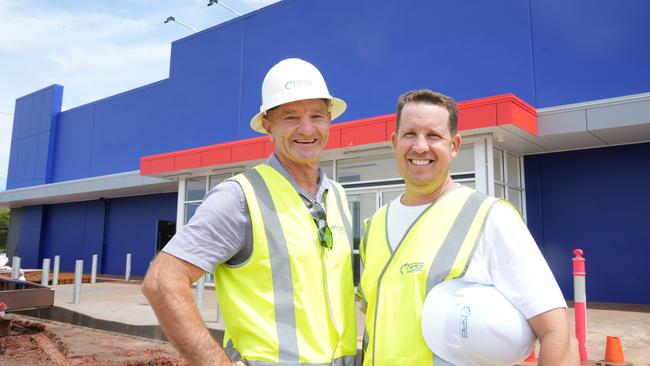 Overseeing the construction of Toowoomba's new $30m Officeworks precinct, which includes new drive-through outlets Starbucks and KFC, are (from left) developers Rob Weymouth and Daniel Cooper.