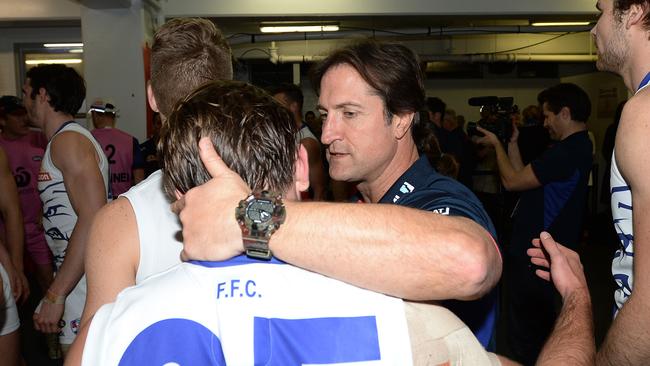 Western Bulldogs coach Luke Beveridge embraces Caleb Daniel after the club’s elimination final win over West Coast in 2016.