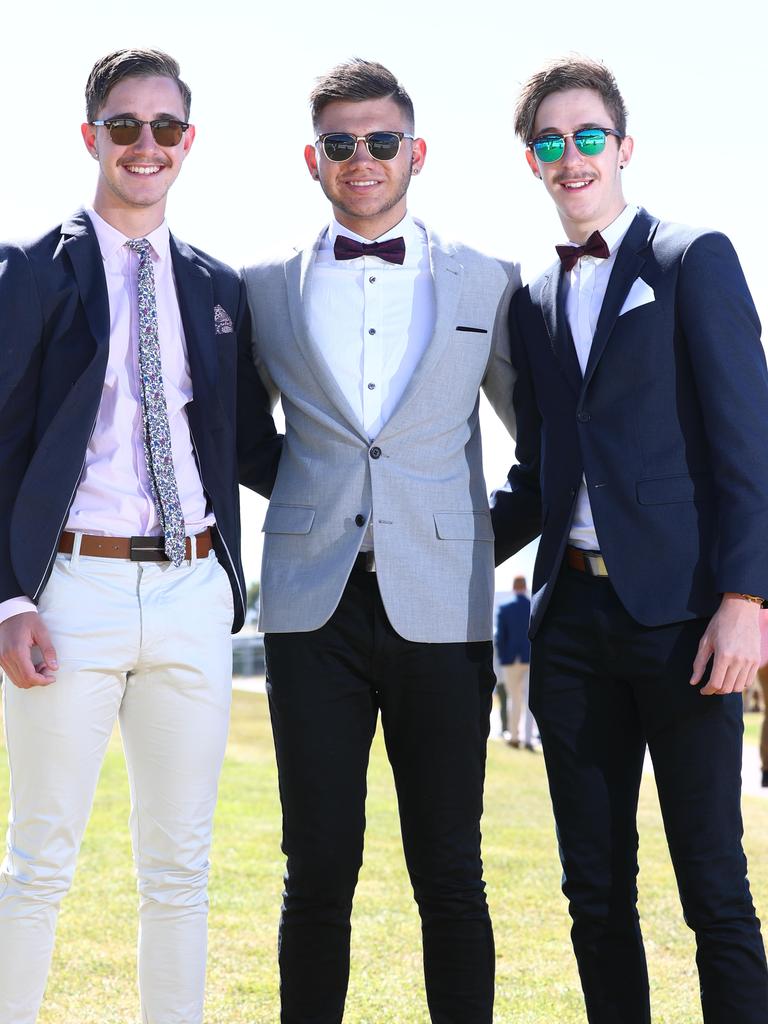 Jordan Drew, Jake Berridge and Brodie Drew at Adelaide Cup day at Morphettville. Picture: Tait Schmaal