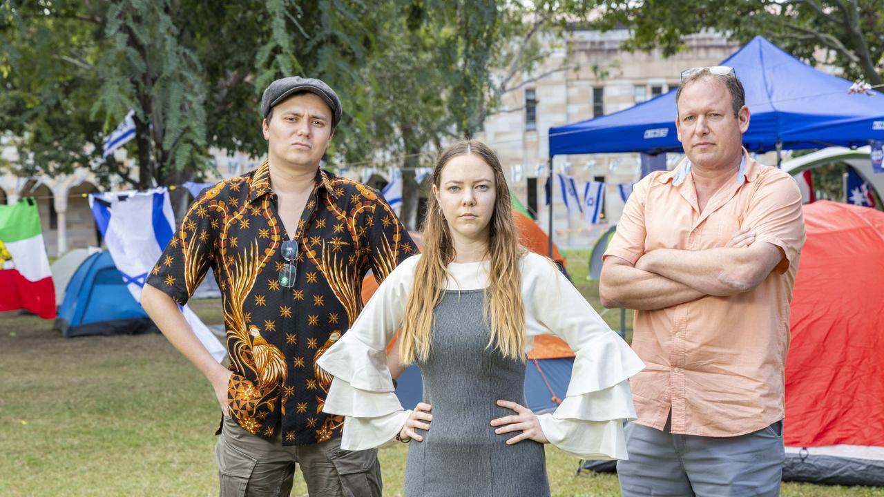 Brandon Hulse, Alyssa Peterson and Yoni Nazarathy, an Associate Professor at The University of Queensland, at 'Camp Shalom'. Picture: Richard Walker