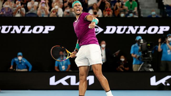 Rafael Nadal celebrates after winning his match against Russia's Karen Khachanov. Picture: AFP Images