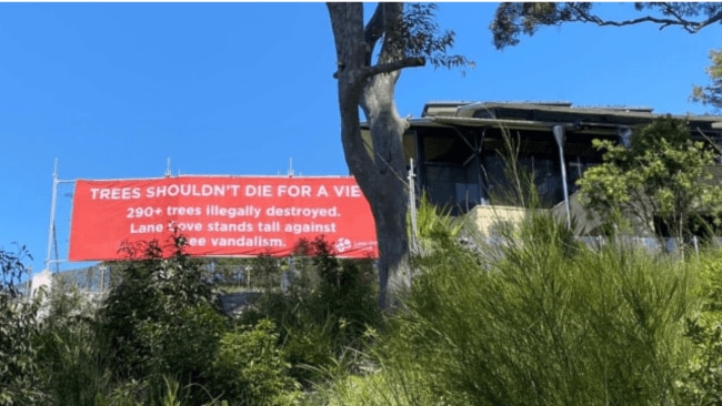 The giant red banner erected by Lane Cove Council. Image: Supplied.