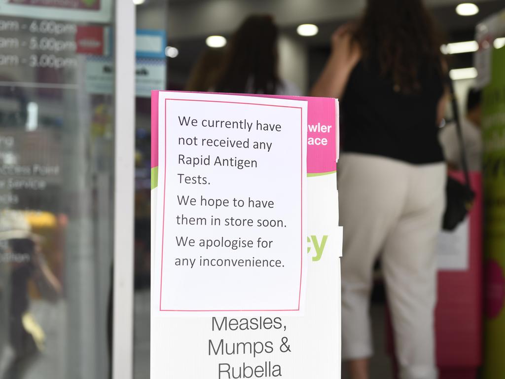 A pharmacy in Gawler Place off Adelaide’s Rundle Mall telling customers that they are out of rapid antigen tests. Picture: NCA NewsWire / Naomi Jellicoe